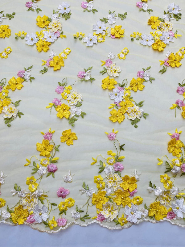 Multi-Color 3D Flower Fabric - Yellow - Multi-Tone 3D Flower Lace Fabrics Sold By Yard