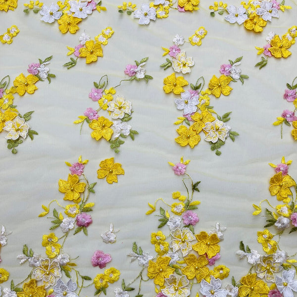 Multi-Color 3D Flower Fabric - Yellow - Multi-Tone 3D Flower Lace