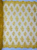 Yellow Floral Lace Fabric - by the yard - Corded Flower Embroidery Design With Sequins on a Mesh