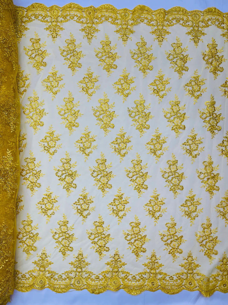 Yellow Floral Lace Fabric - by the yard - Corded Flower Embroidery Design  With Sequins on a Mesh