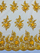 3D Floral Fabric with Floral Border - Yellow - Embroidered Floral Fabric with Sequin and Beads By Yard