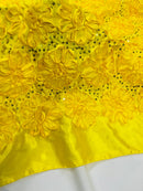 Satin Rosette Sequins Fabric - Yellow - 3D Rosette Satin Rose Fabric with Sequins By Yard