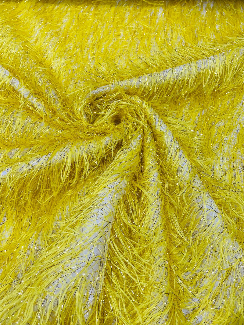 Metallic Eyelash Fabric - Yellow - Feather/Eyelash/Fringe Design on Mesh By Yard