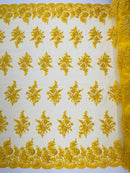 Floral Lace Flower Fabric - Yellow - Floral Embroidered Fabric with Sequins on Lace By Yard