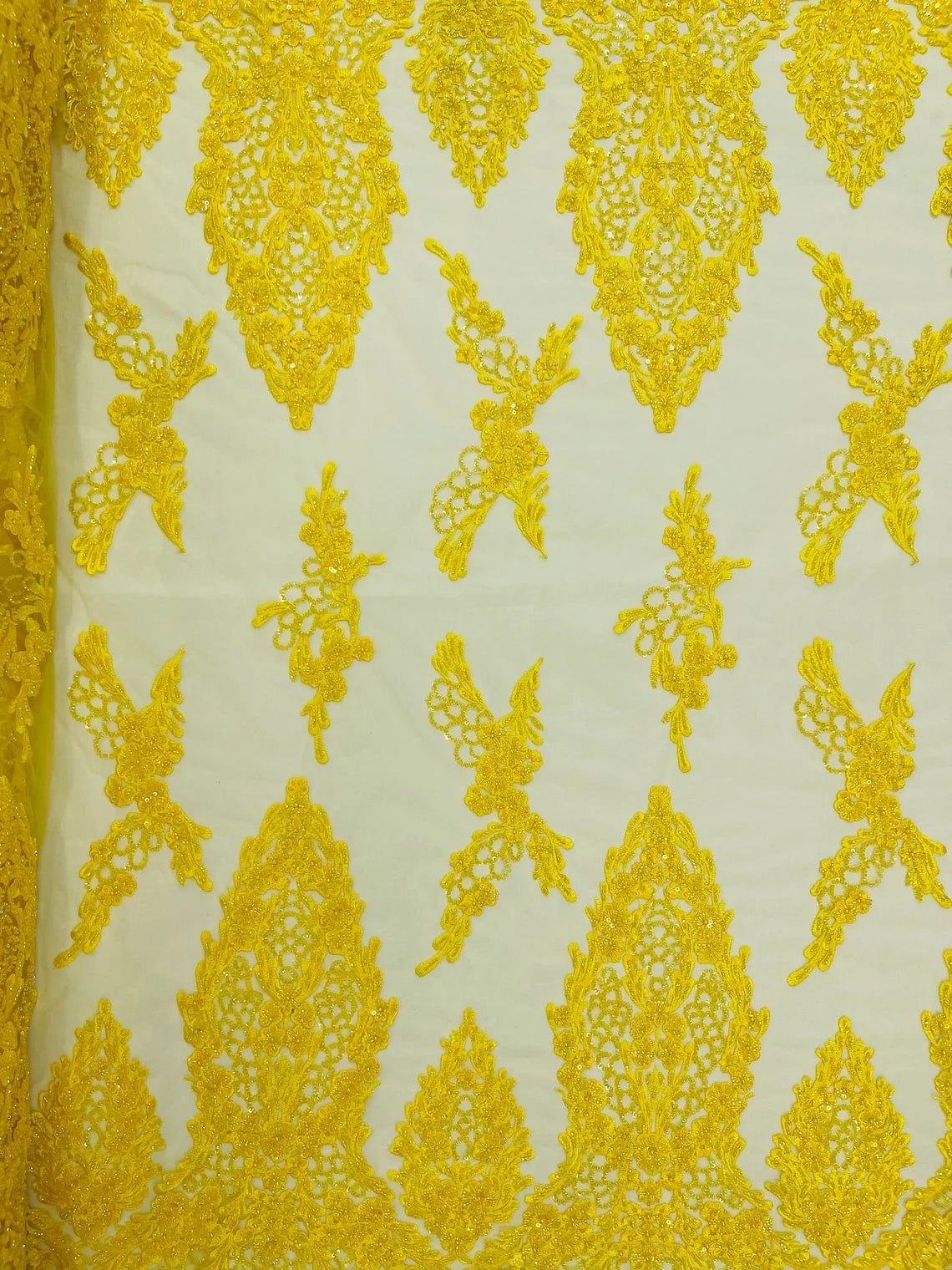Heavy Bead Floral Fabric - Yellow - Beaded Flower Design Fabric Fancy Border By Yard