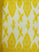 Heavy Bead Floral Fabric - Yellow - Beaded Flower Design Fabric Fancy Border By Yard