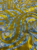 Tribal Swirl Spandex Fabric - Yellow - Hologram Metallic 4-Way Stretch Milliskin Fabric by Yard