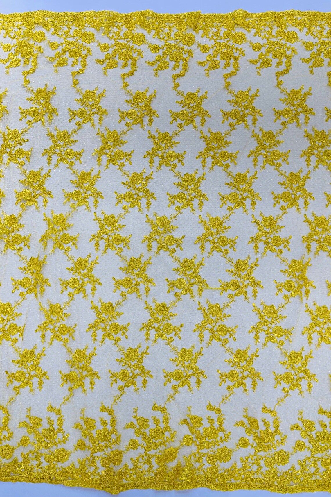 Embroidered Corded Lace Fabric - Yellow - Cluster Fancy Flower Embroidered Lace Fabric By Yard