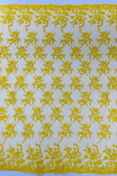 Embroidered Corded Lace Fabric - Yellow - Cluster Fancy Flower Embroidered Lace Fabric By Yard