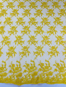 Embroidered Corded Lace Fabric - Yellow - Cluster Fancy Flower Embroidered Lace Fabric By Yard
