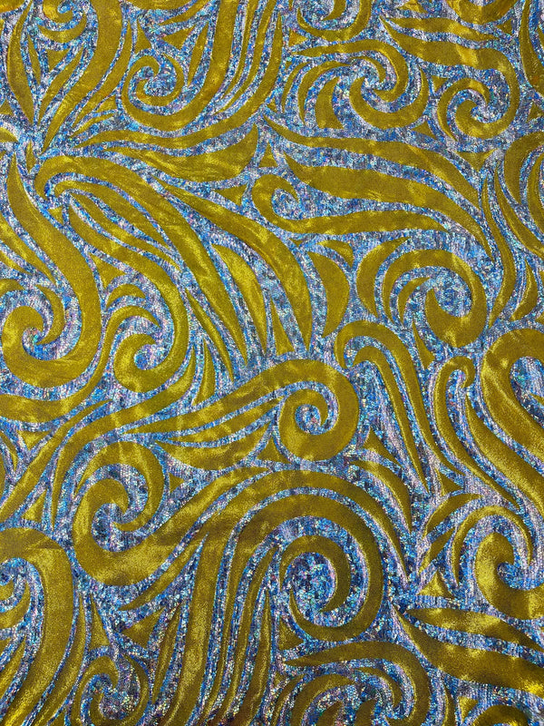 Tribal Swirl Spandex Fabric - Yellow - Hologram Metallic 4-Way Stretch Milliskin Fabric by Yard