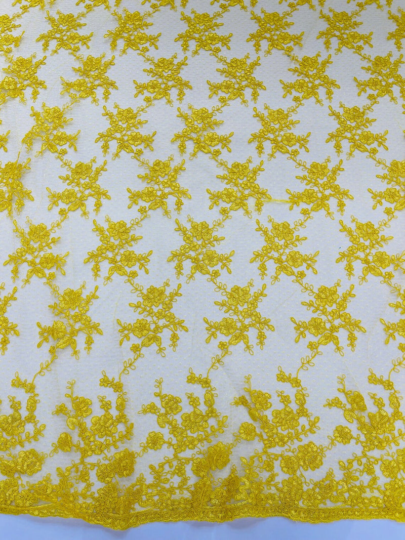 Embroidered Corded Lace Fabric - Yellow - Cluster Fancy Flower Embroidered Lace Fabric By Yard