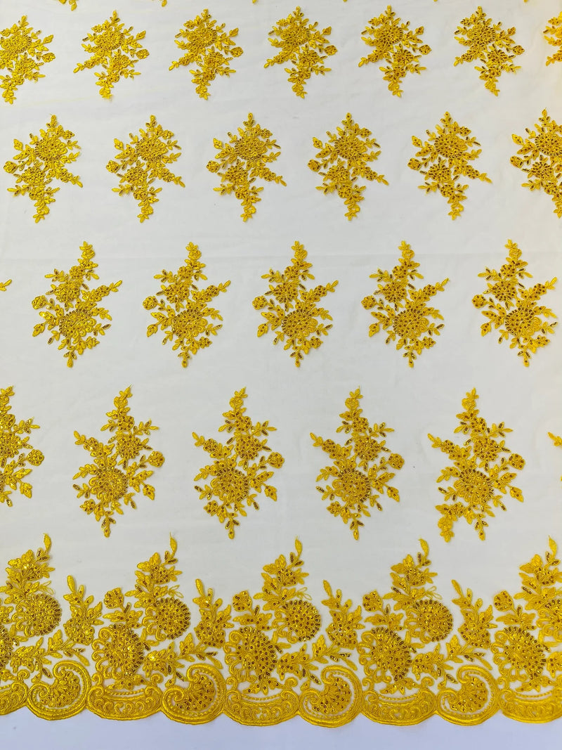 Floral Lace Flower Fabric - Yellow - Floral Embroidered Fabric with Sequins on Lace By Yard