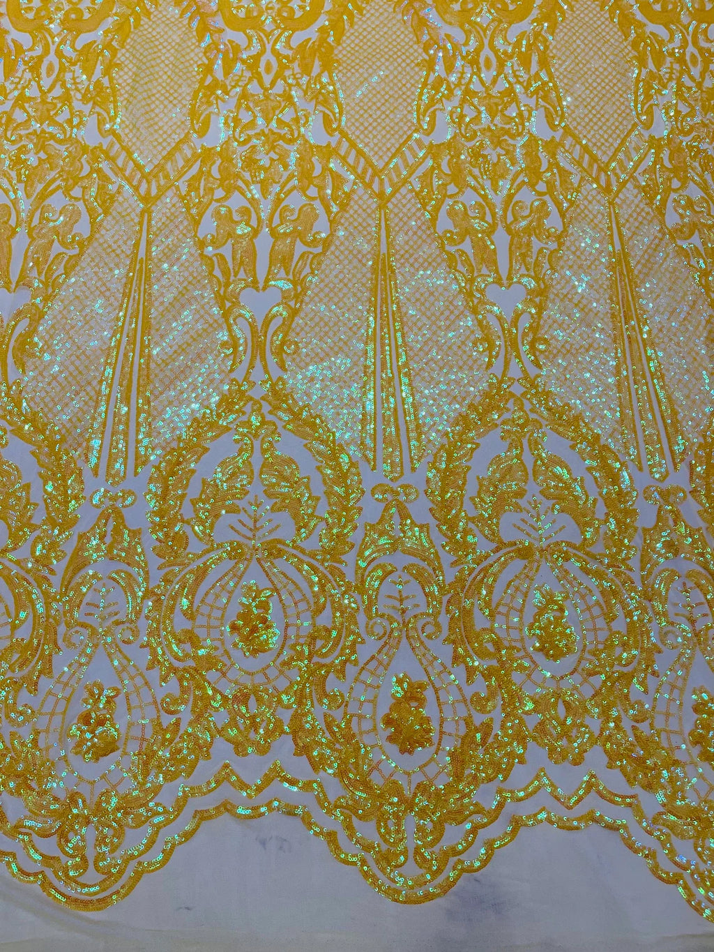 4 Way Stretch Fabric - Yellow - Embroidered Pattern Design Sequins Fabric on Mesh By Yard