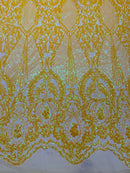4 Way Stretch Fabric - Yellow - Embroidered Pattern Design Sequins Fabric on Mesh By Yard