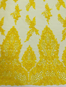 Heavy Bead Floral Fabric - Yellow - Beaded Flower Design Fabric Fancy Border By Yard