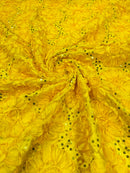 Satin Rosette Sequins Fabric - Yellow - 3D Rosette Satin Rose Fabric with Sequins By Yard