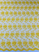 Embroidered Flower Fabric - Yellow - Floral Design Scalloped Border Fabric By Yard