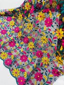 Multi-Color Floral Design Fabric - Yellow / Fuchsia / Teal - Flower Design Embroidered Lace  By Yard