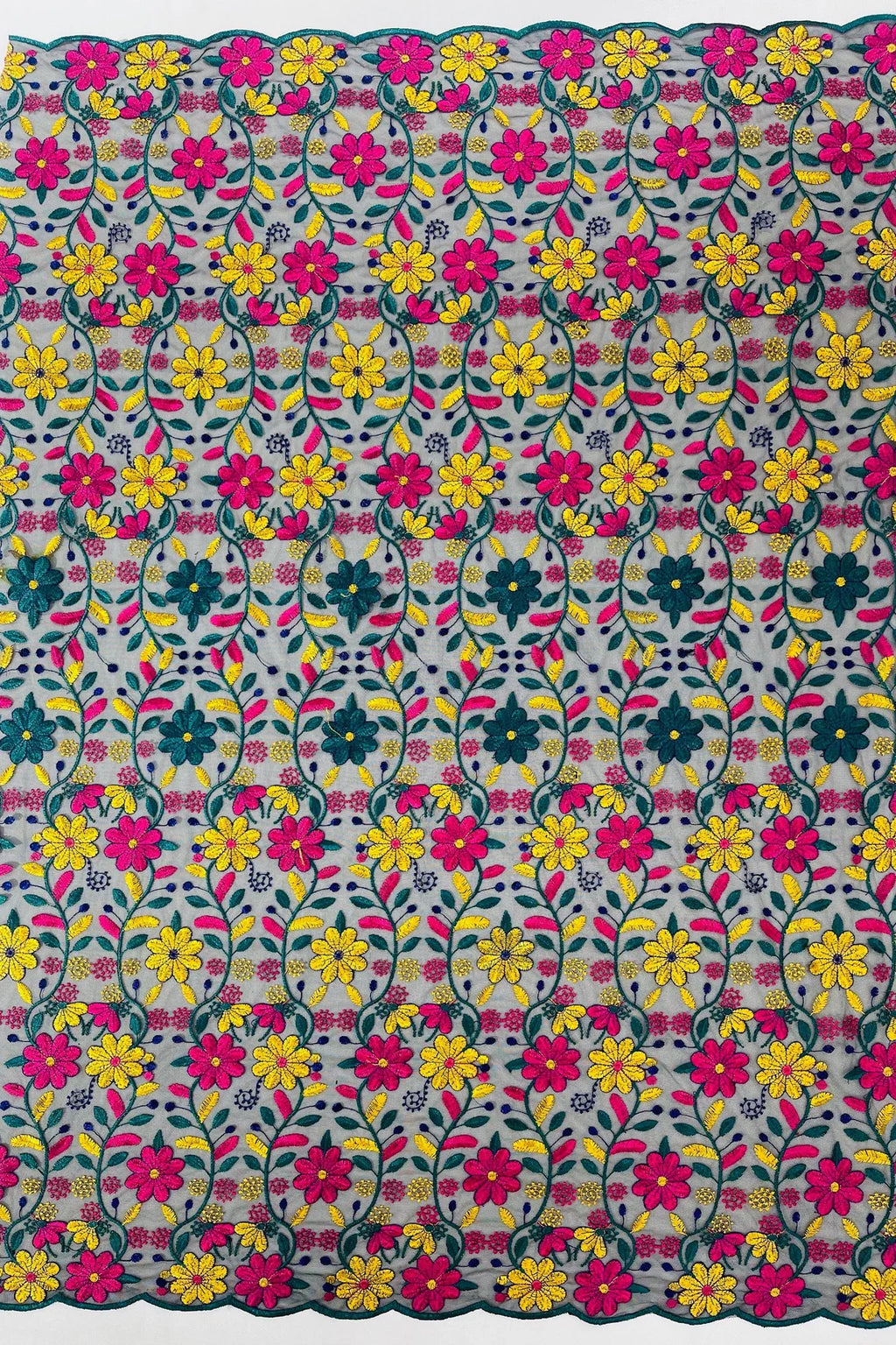 Multi-Color Floral Design Fabric - Yellow / Fuchsia / Teal - Flower Design Embroidered Lace  By Yard