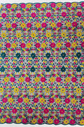 Multi-Color Floral Design Fabric - Yellow / Fuchsia / Teal - Flower Design Embroidered Lace  By Yard