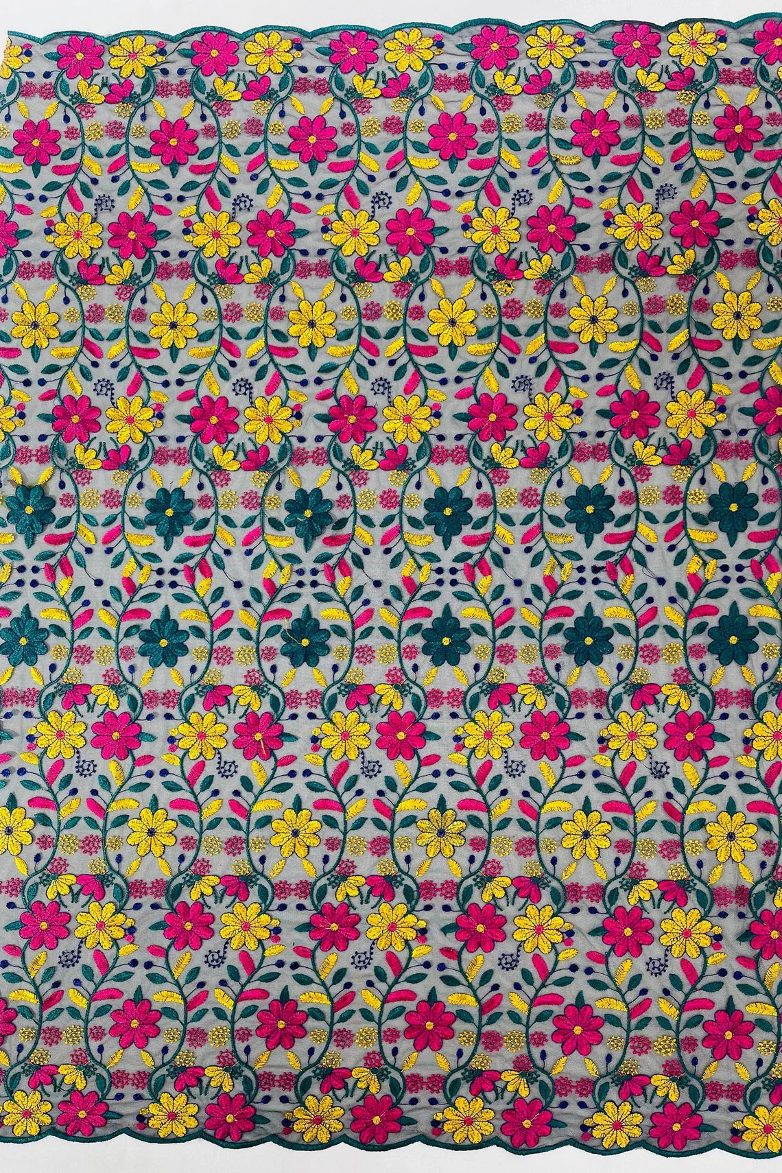 Multi-Color Floral Design Fabric - Yellow / Fuchsia / Teal - Flower Design Embroidered Lace  By Yard