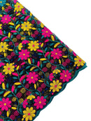 Multi-Color Floral Design Fabric - Yellow / Fuchsia / Teal - Flower Design Embroidered Lace  By Yard