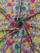 Multi-Color Floral Design Fabric - Yellow / Fuchsia / Teal - Flower Design Embroidered Lace  By Yard