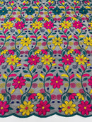 Multi-Color Floral Design Fabric - Yellow / Fuchsia / Teal - Flower Design Embroidered Lace  By Yard