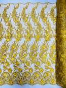 3D Floral Leaf Panels - Yellow Gold - Embroidered 3D Flower Lines with Pearls on Lace By Yard