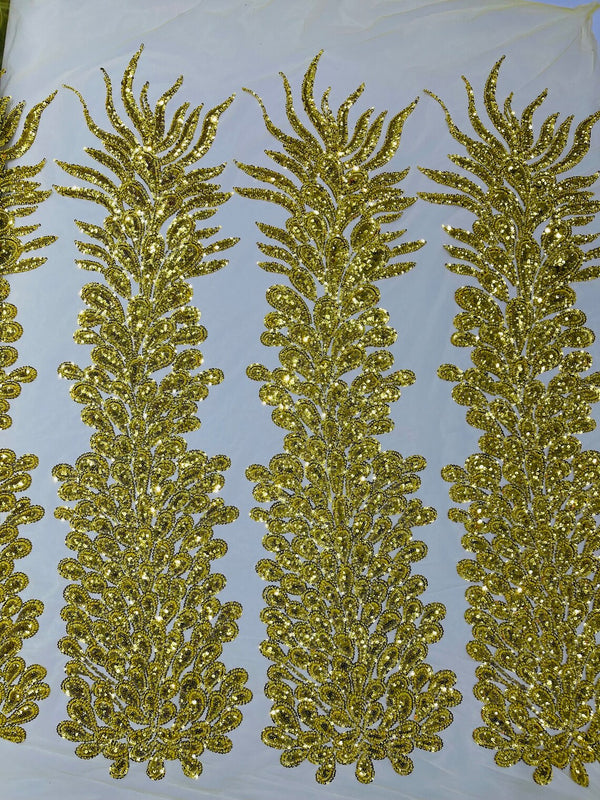 3D Beaded Peacock Feathers - Yellow Gold - Sequins Embroidered Beaded Vegas Design On a Mesh Lace Fabric (Choose The Panels)