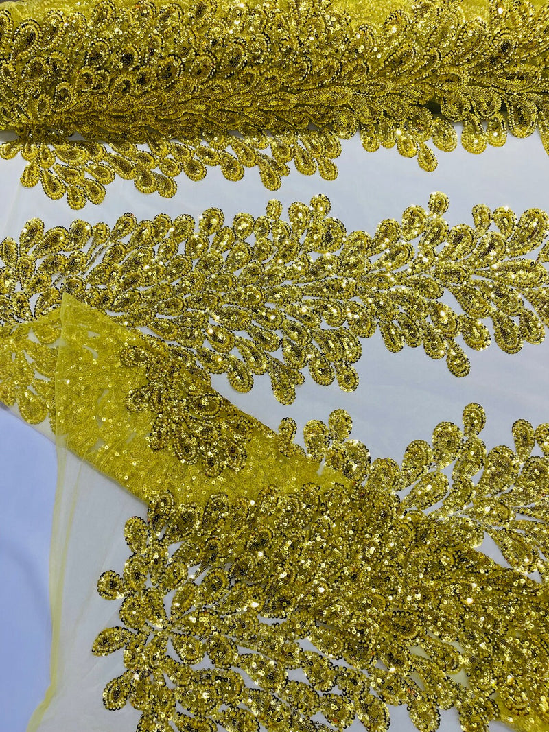 3D Beaded Peacock Feathers - Yellow Gold - Sequins Embroidered Beaded Vegas Design On a Mesh Lace Fabric (Choose The Panels)