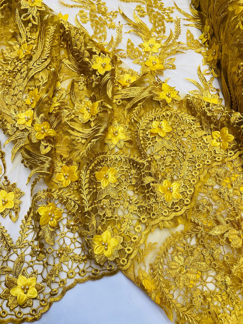3D Floral Leaf Panels - Yellow Gold - Embroidered 3D Flower Lines with Pearls on Lace By Yard