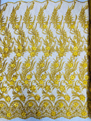 3D Floral Leaf Panels - Yellow Gold - Embroidered 3D Flower Lines with Pearls on Lace By Yard