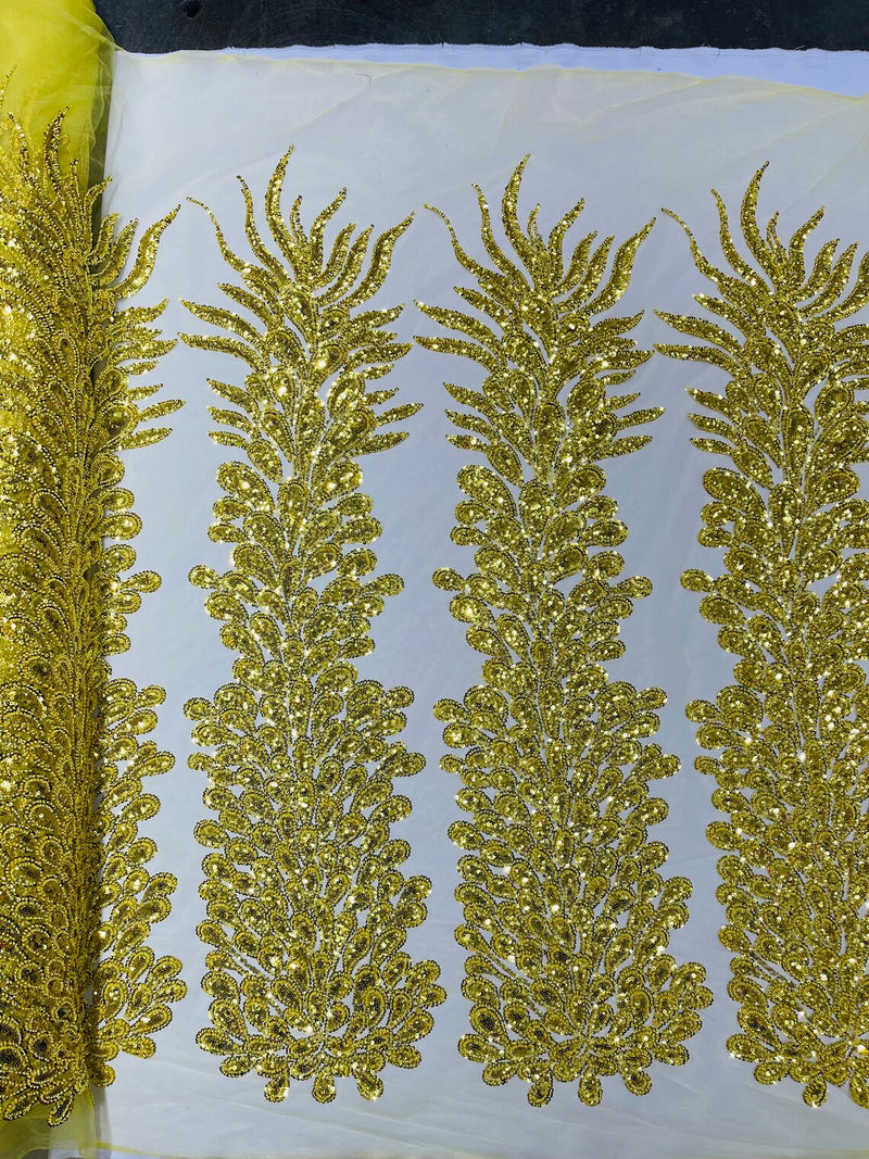 3D Beaded Peacock Feathers - Yellow Gold - Sequins Embroidered Beaded Vegas Design On a Mesh Lace Fabric (Choose The Panels)