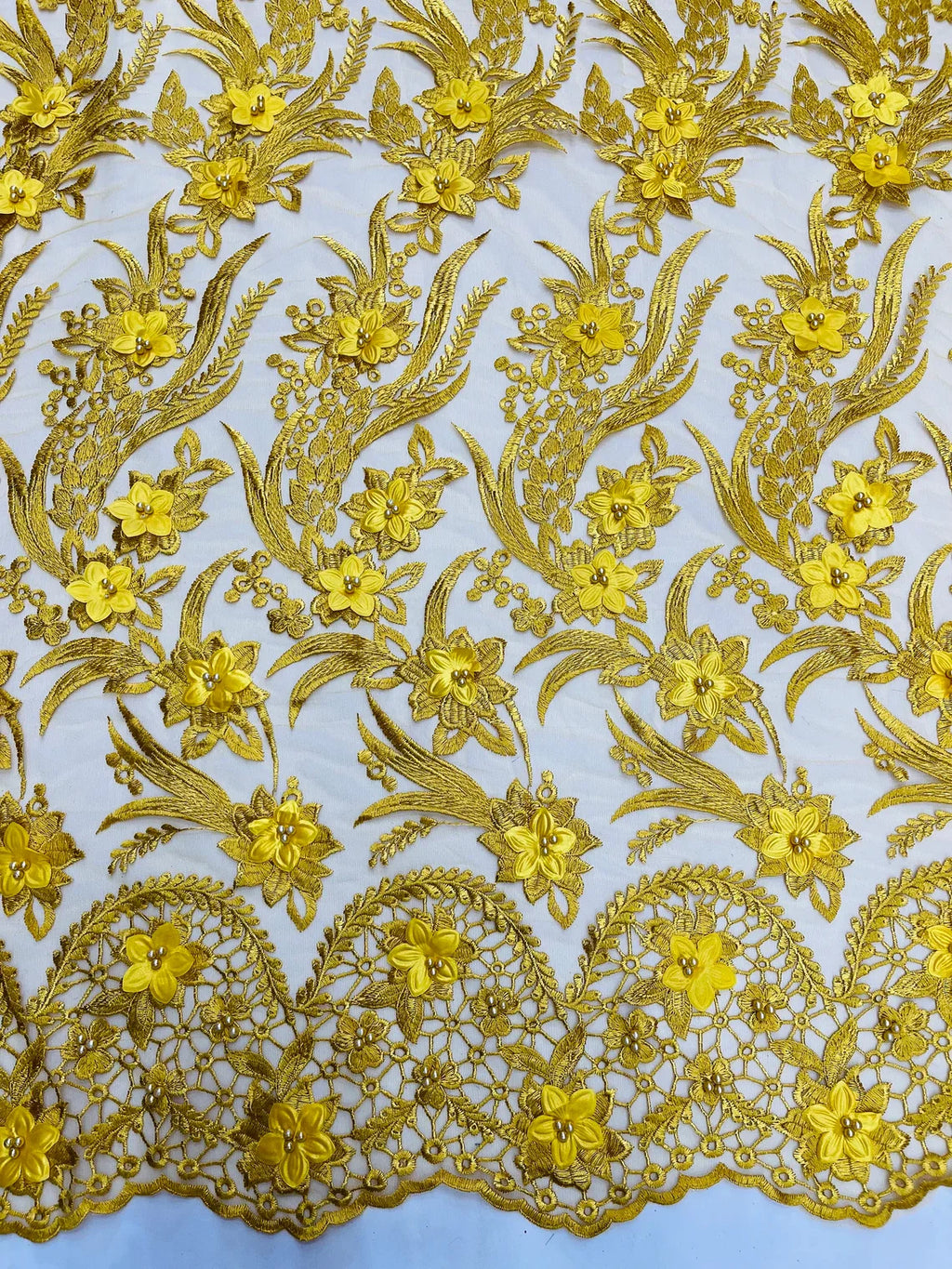 3D Floral Leaf Panels - Yellow Gold - Embroidered 3D Flower Lines with Pearls on Lace By Yard