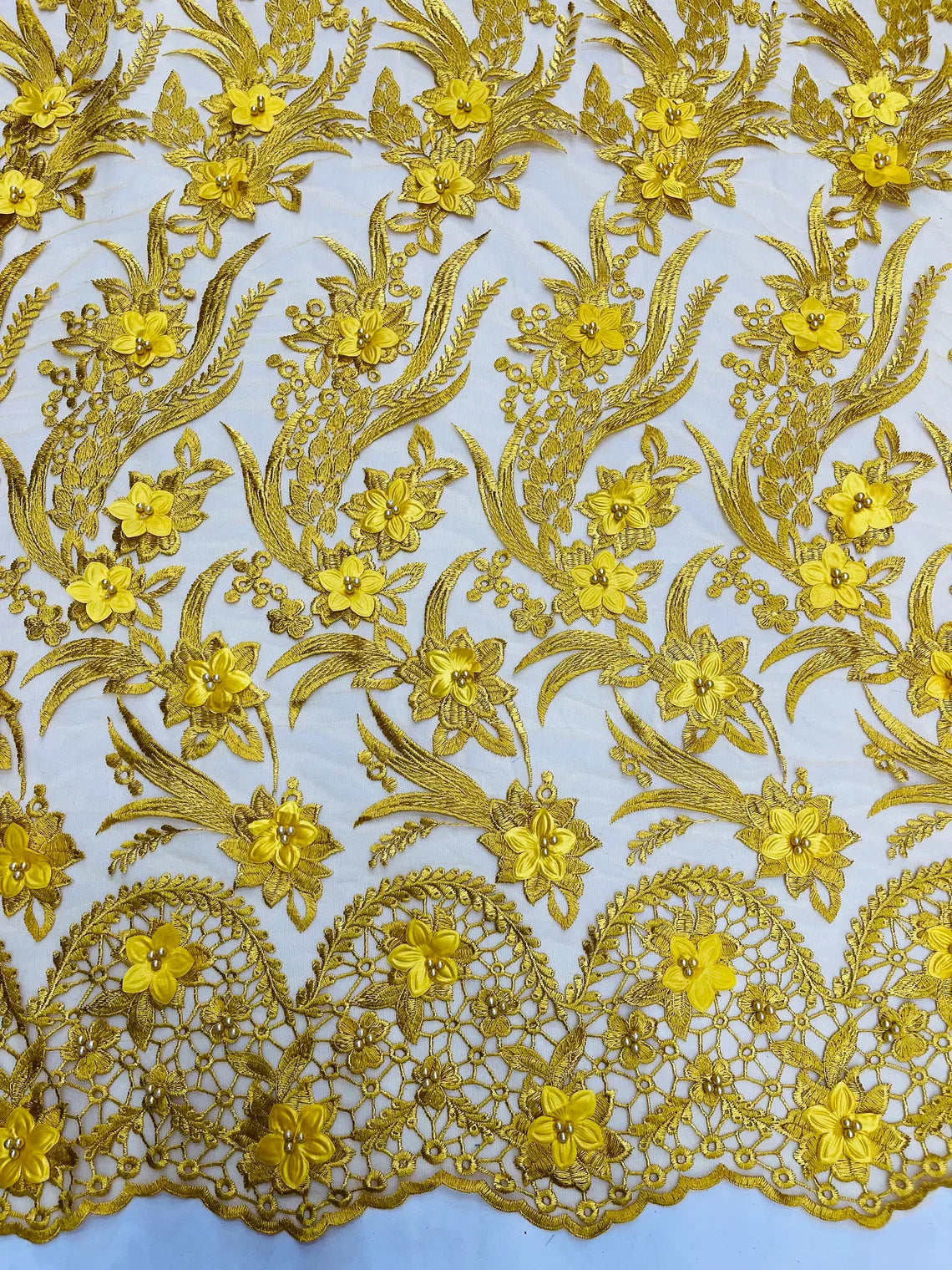 3D Floral Leaf Panels - Yellow Gold - Embroidered 3D Flower Lines with Pearls on Lace By Yard