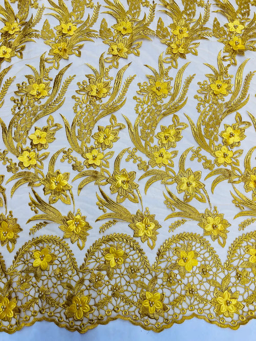 3D Floral Leaf Panels - Yellow Gold - Embroidered 3D Flower Lines with Pearls on Lace By Yard