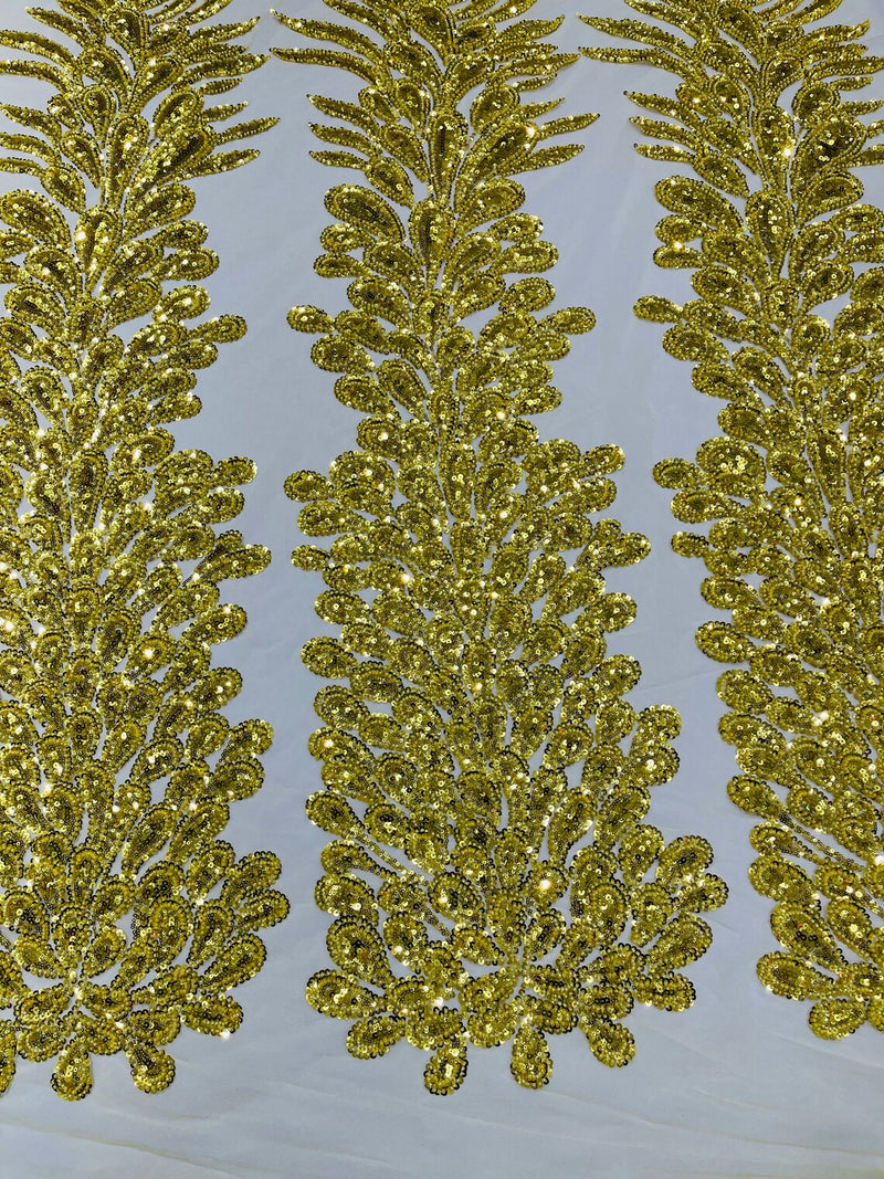 3D Beaded Peacock Feathers - Yellow Gold - Sequins Embroidered Beaded Vegas Design On a Mesh Lace Fabric (Choose The Panels)