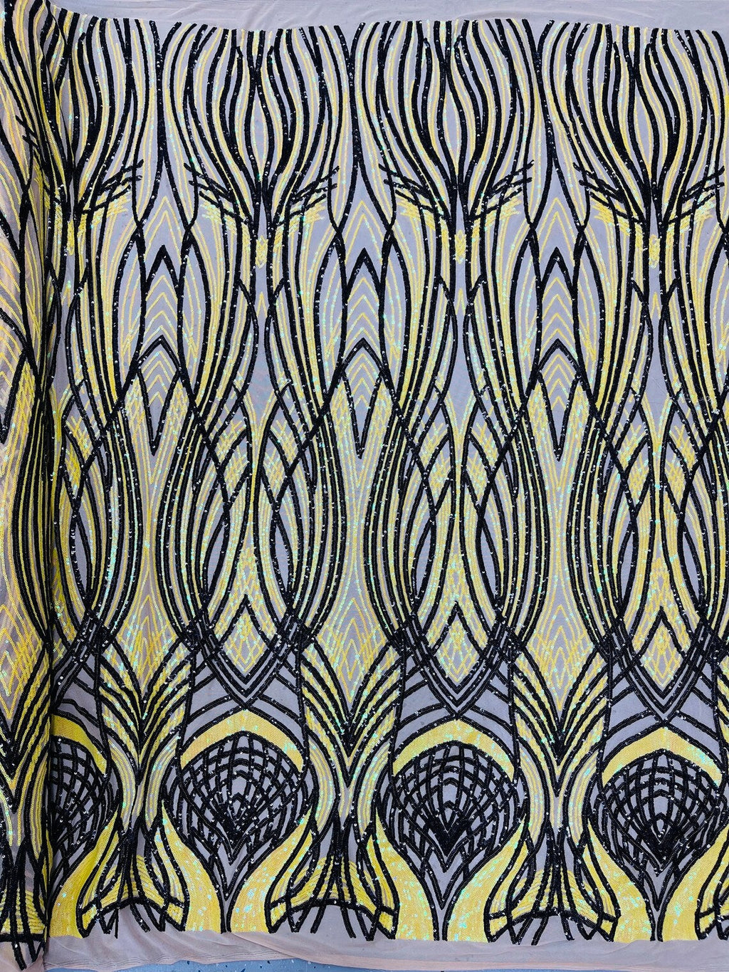 Long Wavy Pattern Sequins - Iridescent Yellow / Black - 4 Way Stretch Sequins Fabric Design By Yard
