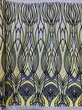 Long Wavy Pattern Sequins - Iridescent Yellow / Black - 4 Way Stretch Sequins Fabric Design By Yard