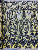 Long Wavy Pattern Sequins - Iridescent Yellow / Black - 4 Way Stretch Sequins Fabric Design By Yard