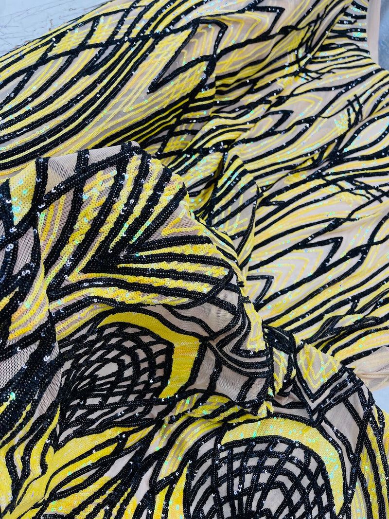 Long Wavy Pattern Sequins - Iridescent Yellow / Black - 4 Way Stretch Sequins Fabric Design By Yard