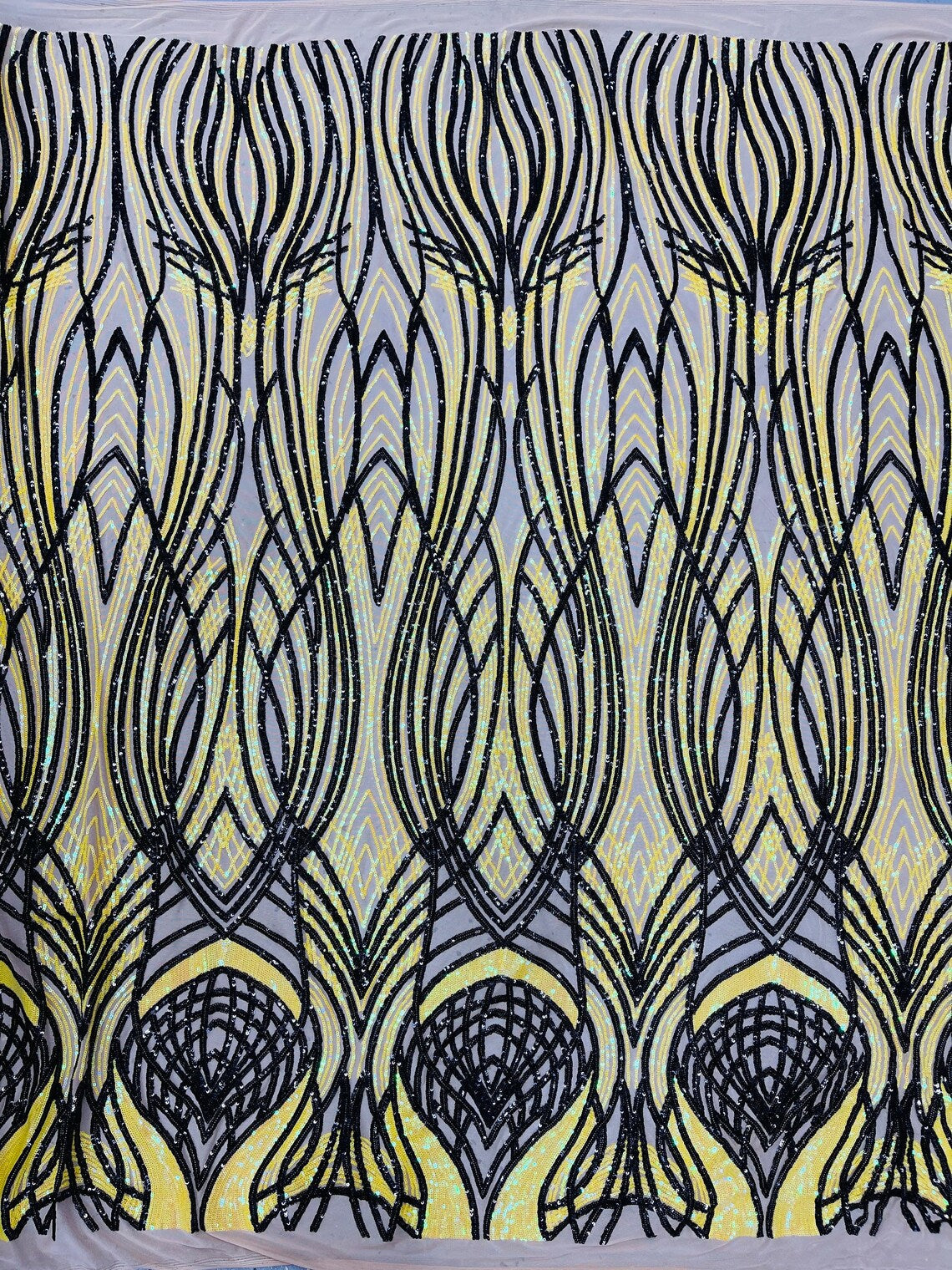 Long Wavy Pattern Sequins - Iridescent Yellow / Black - 4 Way Stretch Sequins Fabric Design By Yard