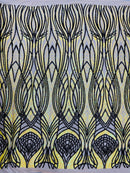Long Wavy Pattern Sequins - Iridescent Yellow / Black - 4 Way Stretch Sequins Fabric Design By Yard