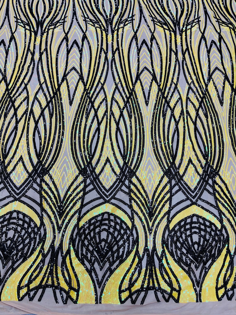 Long Wavy Pattern Sequins - Iridescent Yellow / Black - 4 Way Stretch Sequins Fabric Design By Yard