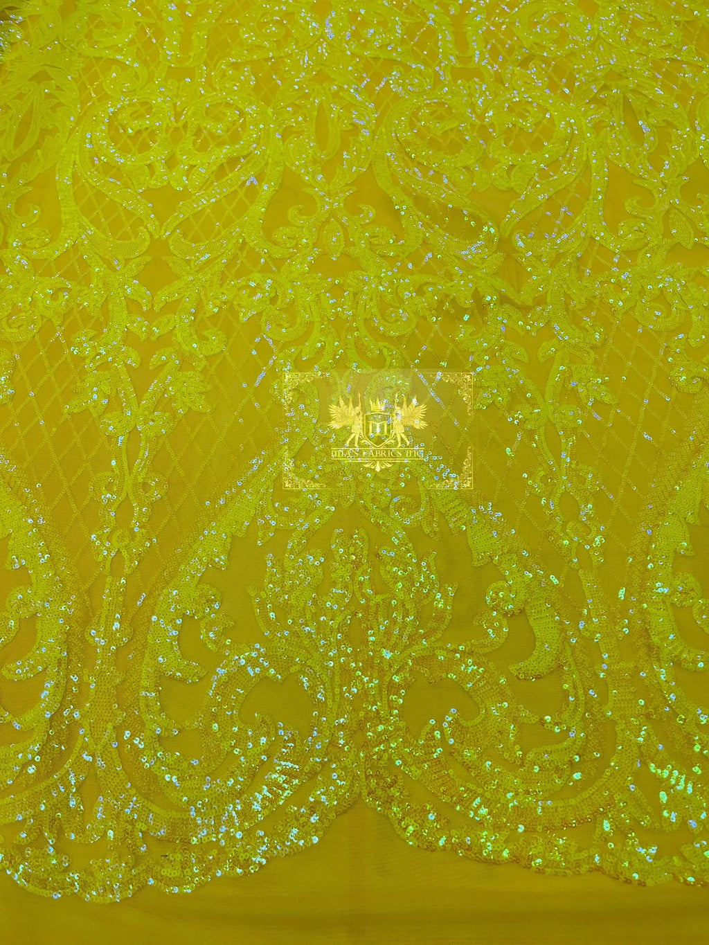 Heart Damask Sequins - Yellow Iridescent - 4 Way Stretch Elegant Shiny Net Sequins Fabric By Yard
