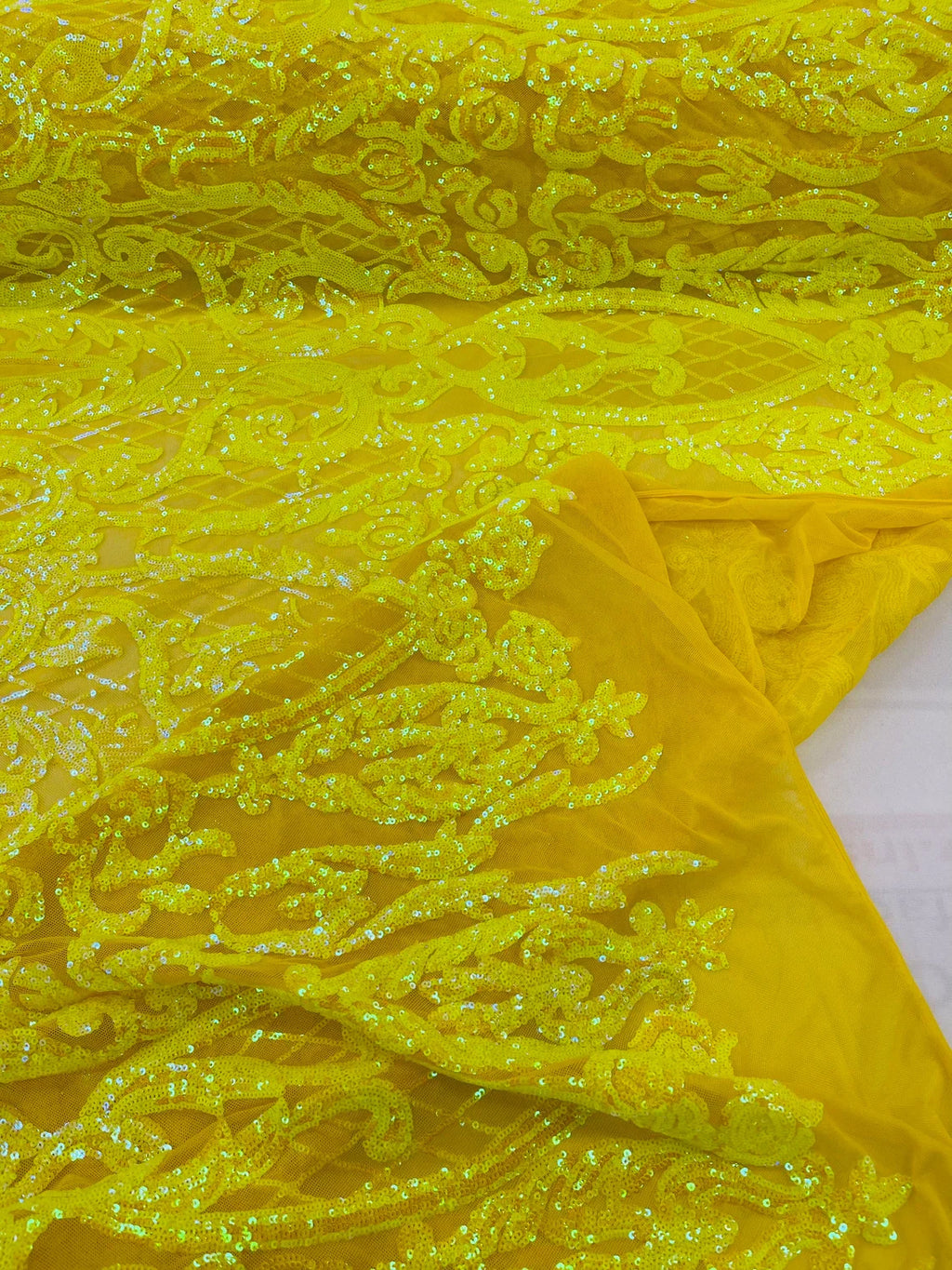 Heart Damask Sequins - Yellow Iridescent - 4 Way Stretch Elegant Shiny Net Sequins Fabric By Yard