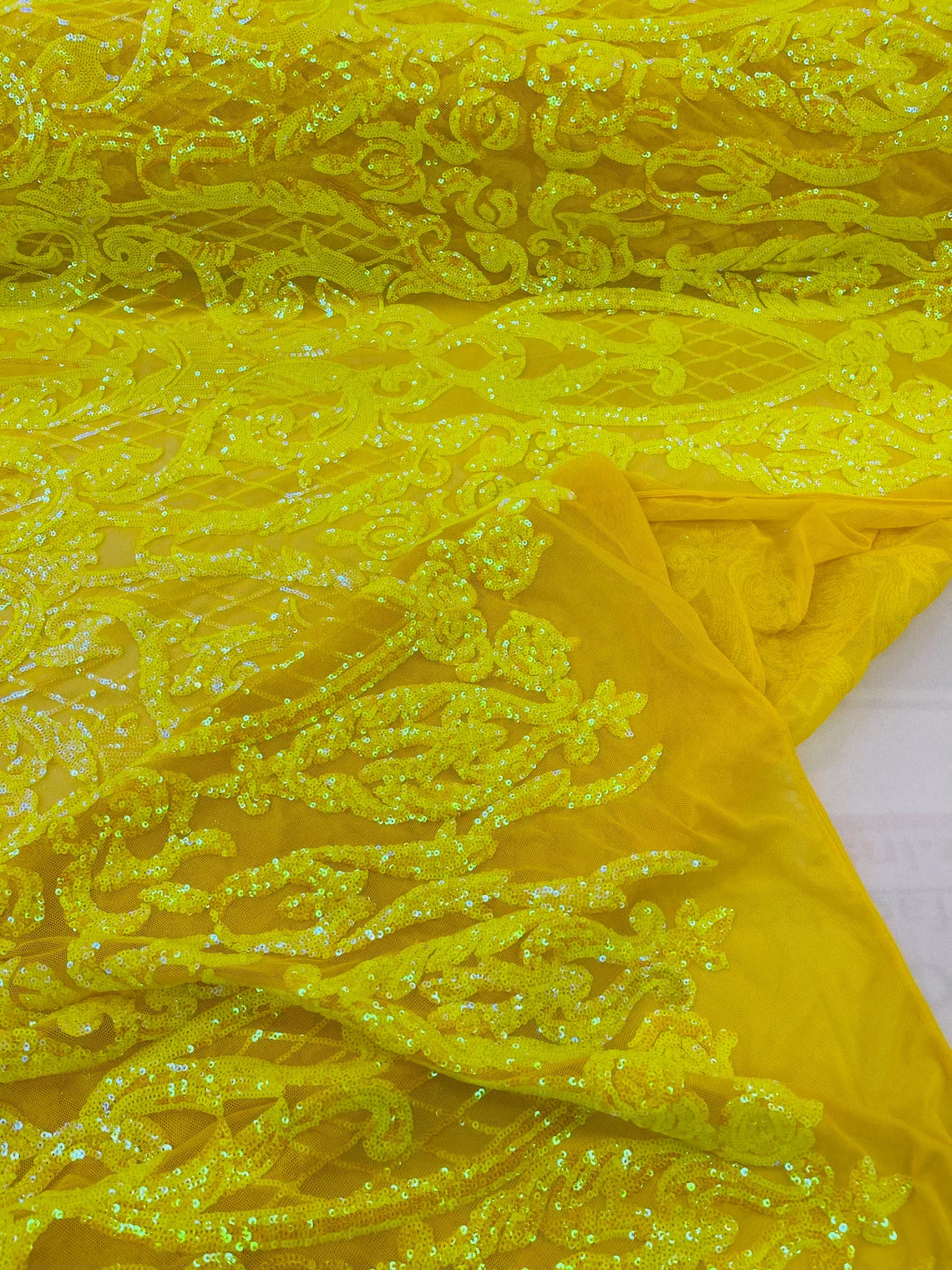 Heart Damask Sequins - Yellow Iridescent - 4 Way Stretch Elegant Shiny Net Sequins Fabric By Yard