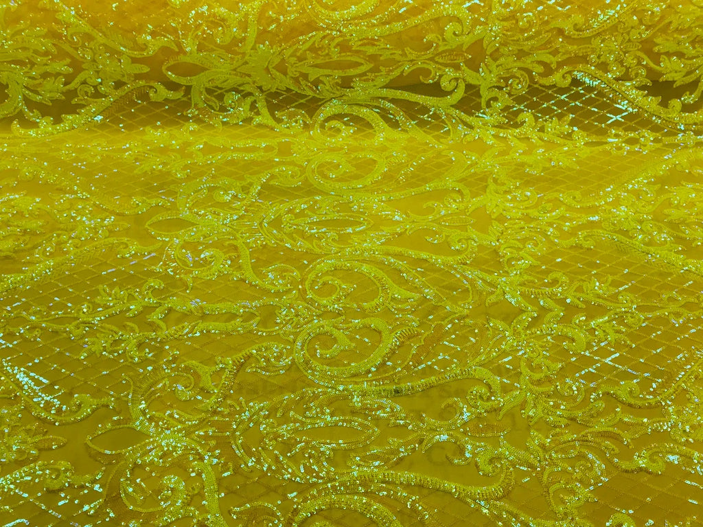 Heart Damask Sequins - Yellow Iridescent - 4 Way Stretch Elegant Shiny Net Sequins Fabric By Yard